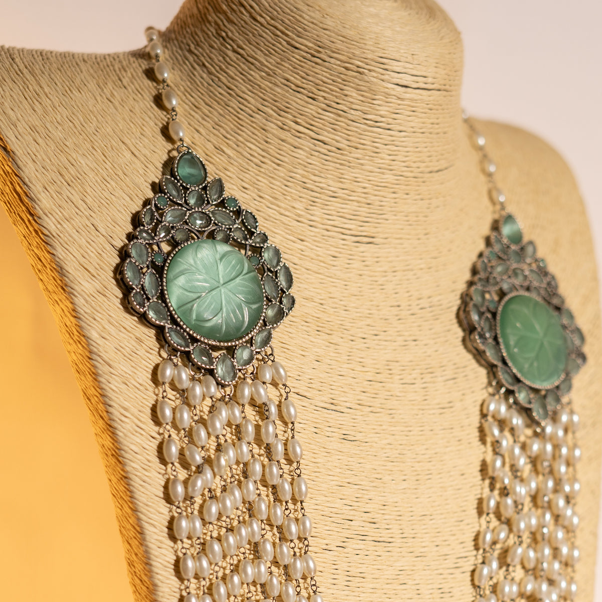 PRIYANKA LAYERED PEARL CARVING STONE HANDMADE STATEMENT MALA ML100