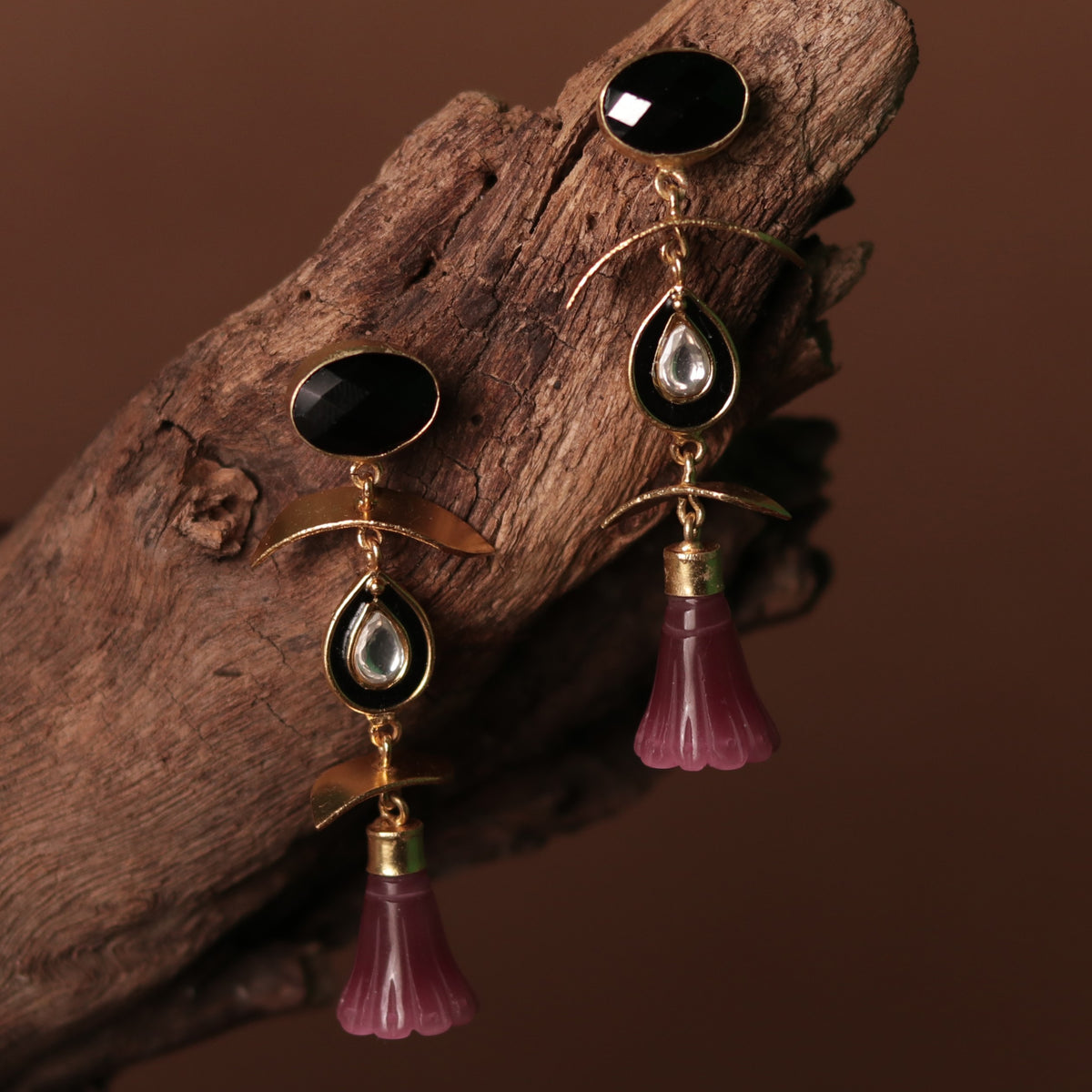 ENAMELLED CONICAL STONE DROPS WITH CRYSTAL HANDMADE AND HAND HAMMERED EARRINGS ER74