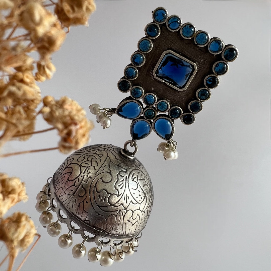 ROYAL SQUARE ELEGANCE FAUX SILVER SEMI-HANDMADE JHUMKAS ER36