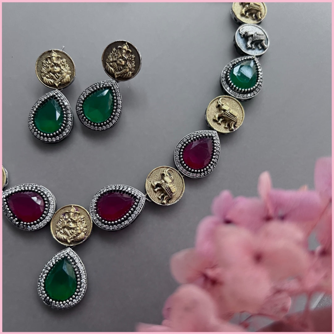 PALOT FAUX SILVER BIJOUX PREMIUM AND EXCLUSIVE SEMI HANDMADE DUAL TONED NECKLACE WITH EARRINGS NL139