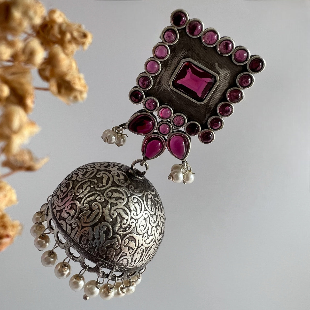 ROYAL SQUARE ELEGANCE FAUX SILVER SEMI-HANDMADE JHUMKAS ER36