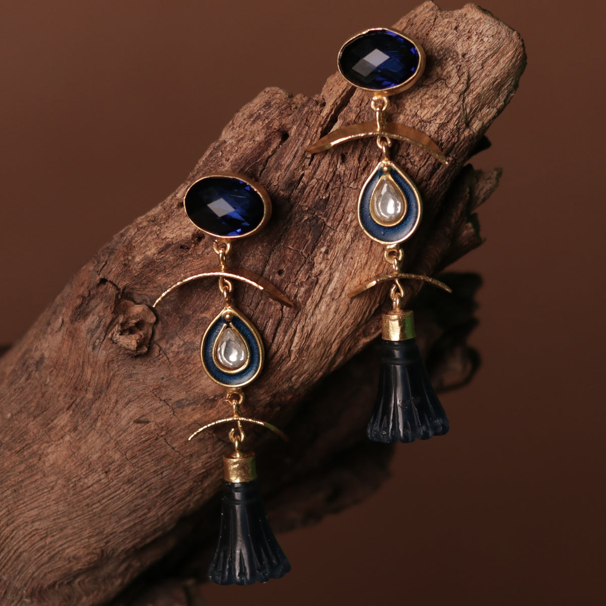 ENAMELLED CONICAL STONE DROPS WITH CRYSTAL HANDMADE AND HAND HAMMERED EARRINGS ER74