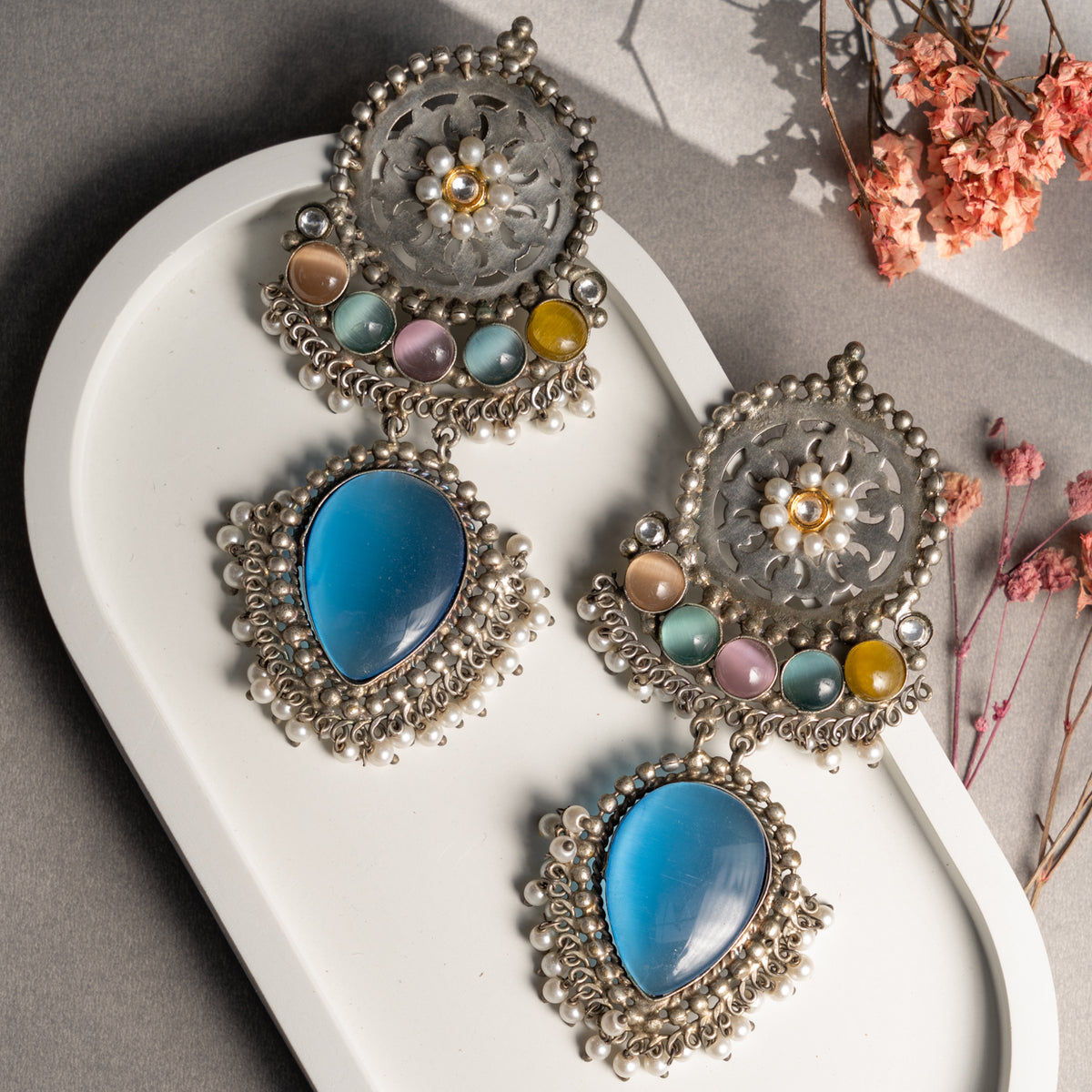 LINA FAUX SILVER MONALISASTONE HANDMADE EARRINGS ER720