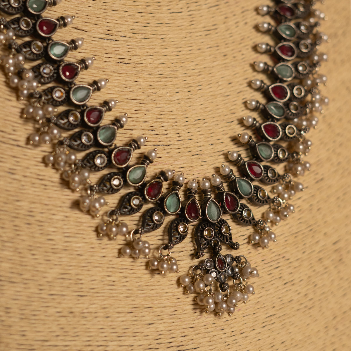 NIRA SILVER LOOK ALIKE CLASSIC ANTIQUE MALA WITH EARRINGS ML18