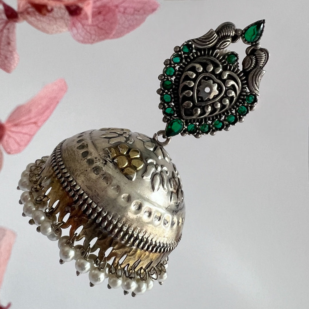 OLIVIA SILVER LOOK ALIKE DUAL-TONED PREMIUM POLISH HANDMADE JHUMKA ER236