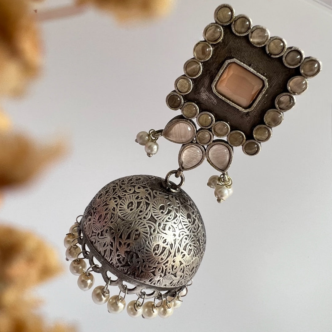 ROYAL SQUARE ELEGANCE FAUX SILVER SEMI-HANDMADE JHUMKAS ER36