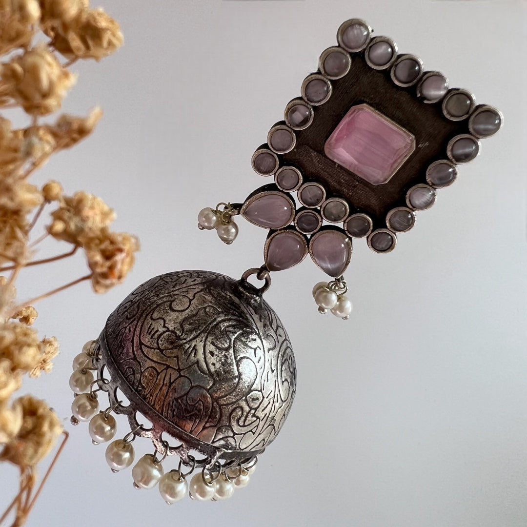 ROYAL SQUARE ELEGANCE FAUX SILVER SEMI-HANDMADE JHUMKAS ER36