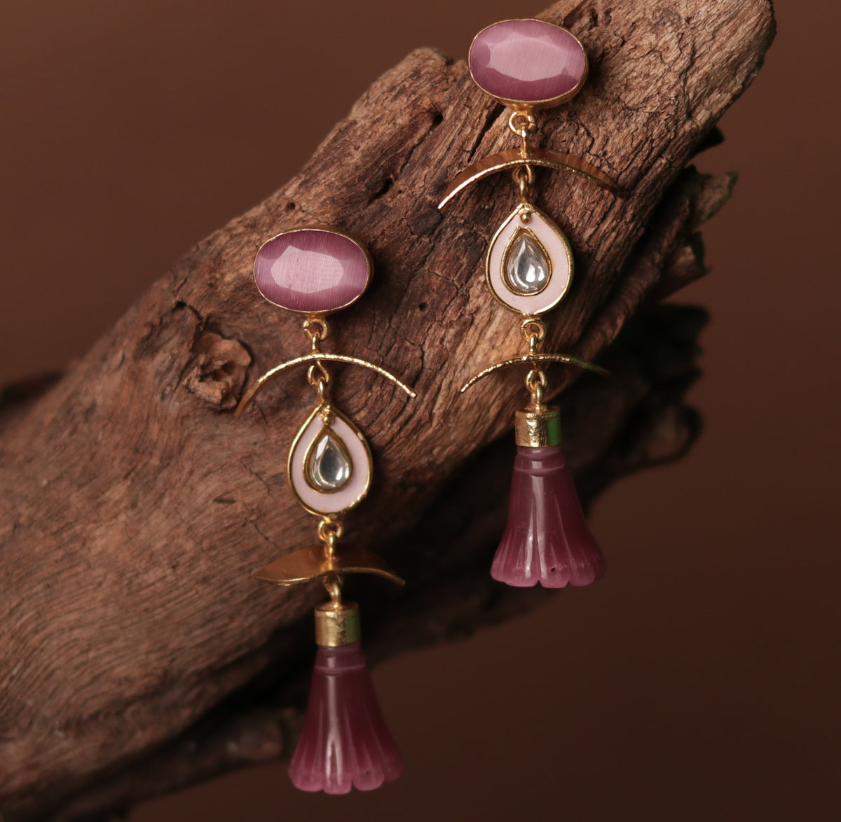 ENAMELLED CONICAL STONE DROPS WITH CRYSTAL HANDMADE AND HAND HAMMERED EARRINGS ER74