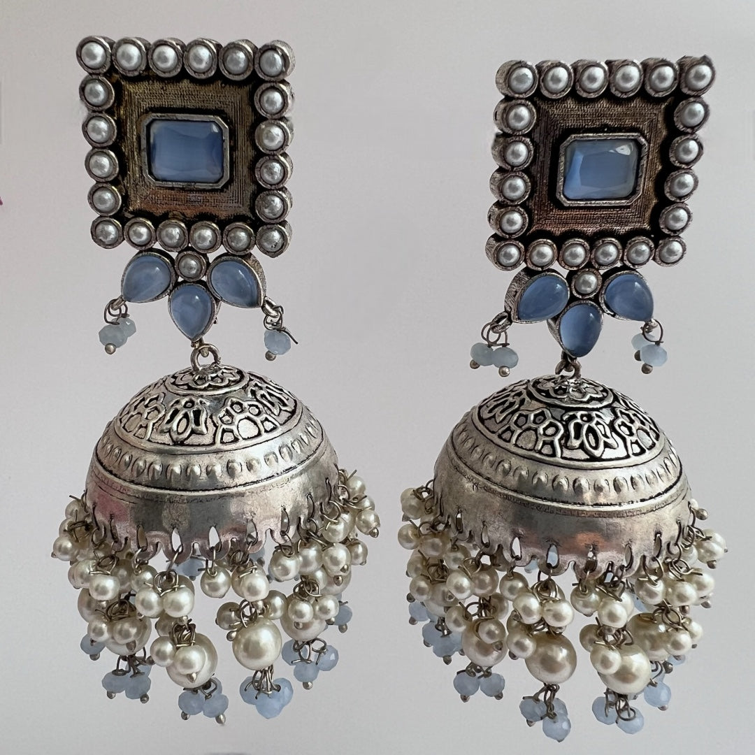 SQUARE SERENADE FAUX SILVER HANDMADE JHUMKAS ER37