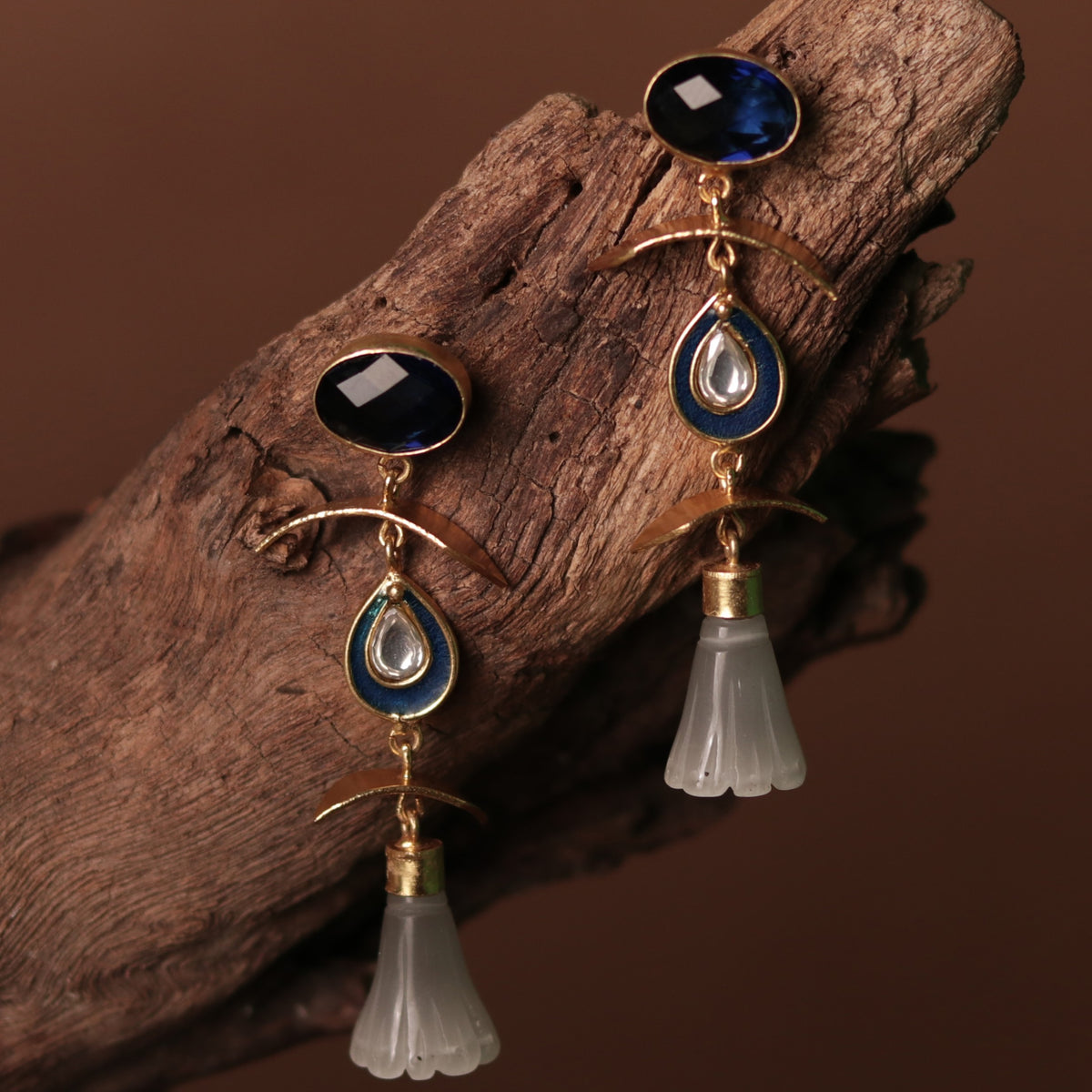ENAMELLED CONICAL STONE DROPS WITH CRYSTAL HANDMADE AND HAND HAMMERED EARRINGS ER74