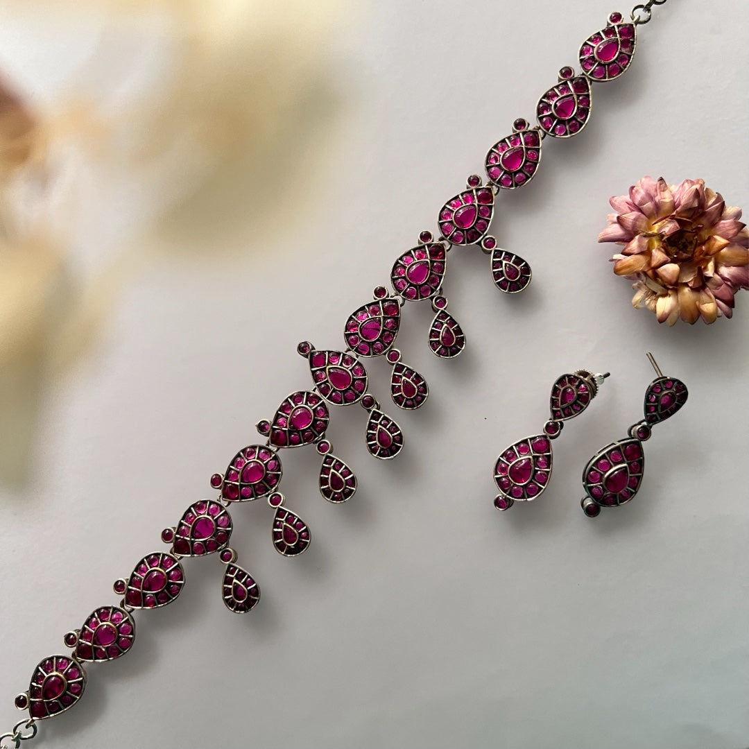 VISHIKA FAUX SILVER PREMIUM SEMI HANDMADE NECKLACE WITH EARRINGS NL130