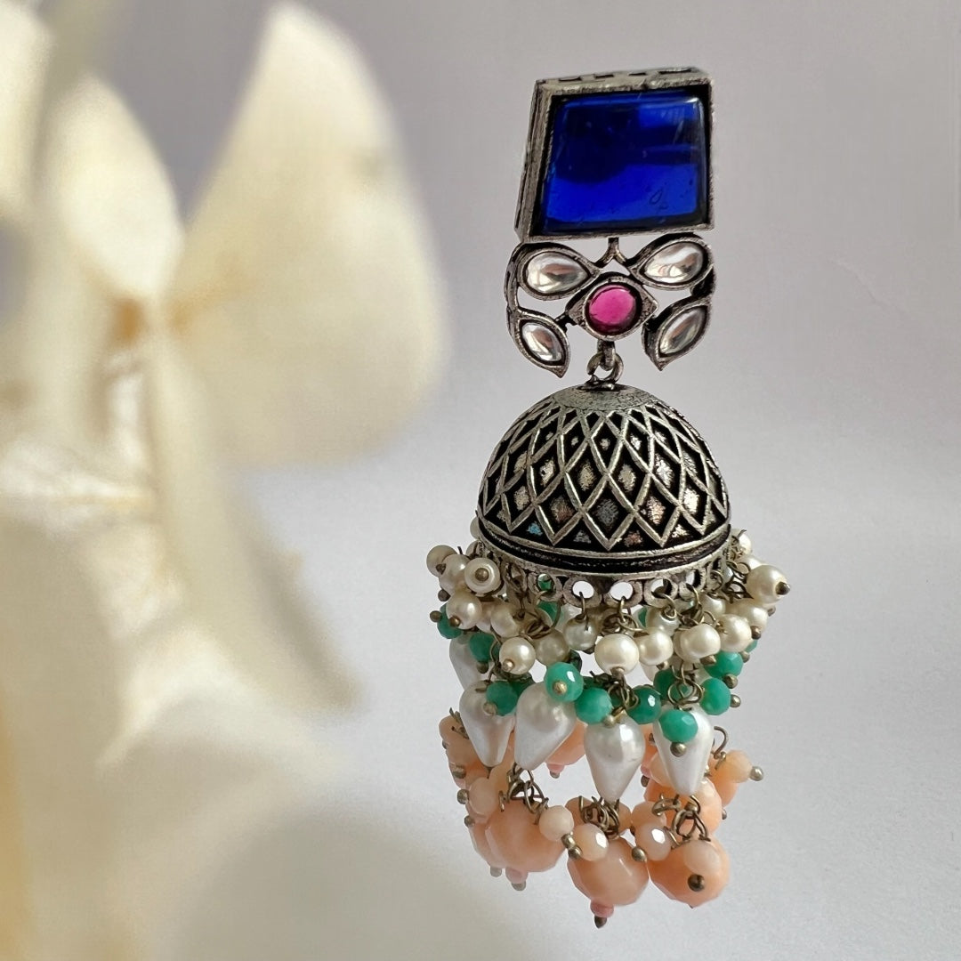 CUBIC CHARISMA SQUARE MONALISA STONE  SEMI-HANDMADE JHUMKA ER50