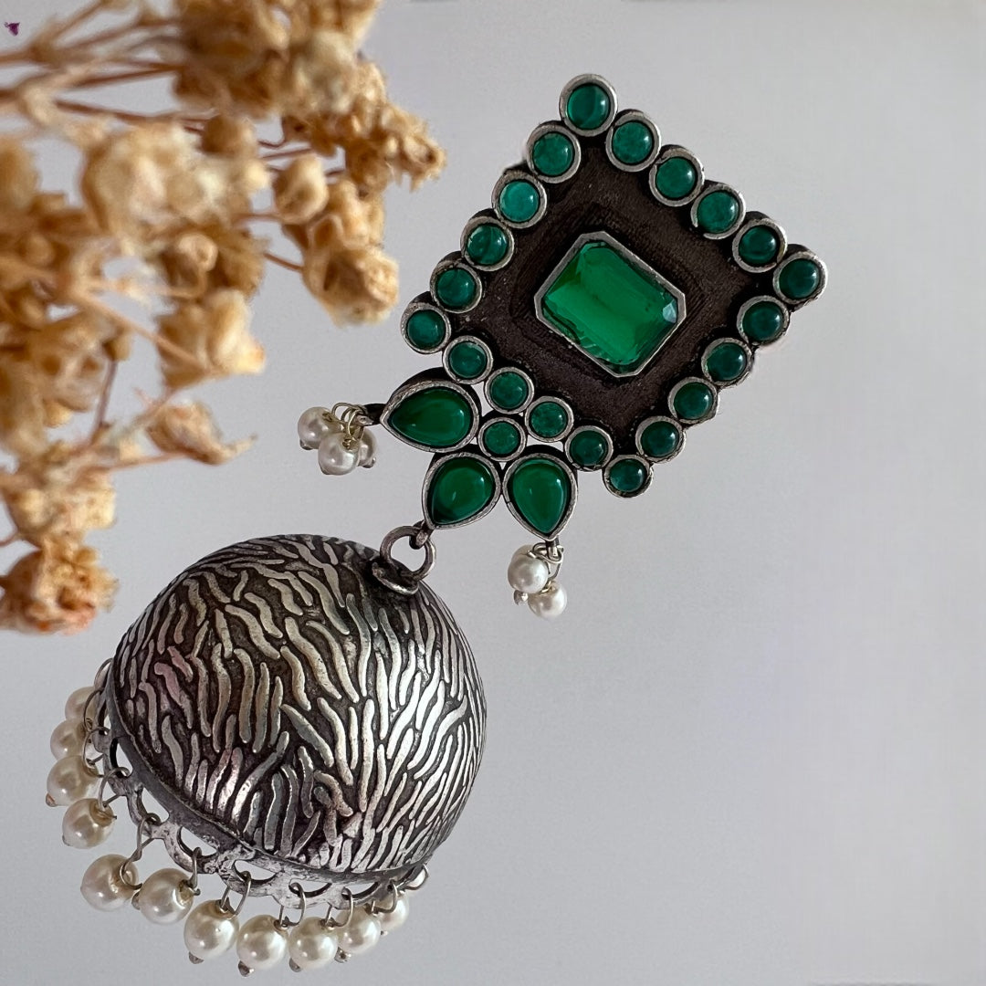 ROYAL SQUARE ELEGANCE FAUX SILVER SEMI-HANDMADE JHUMKAS ER36