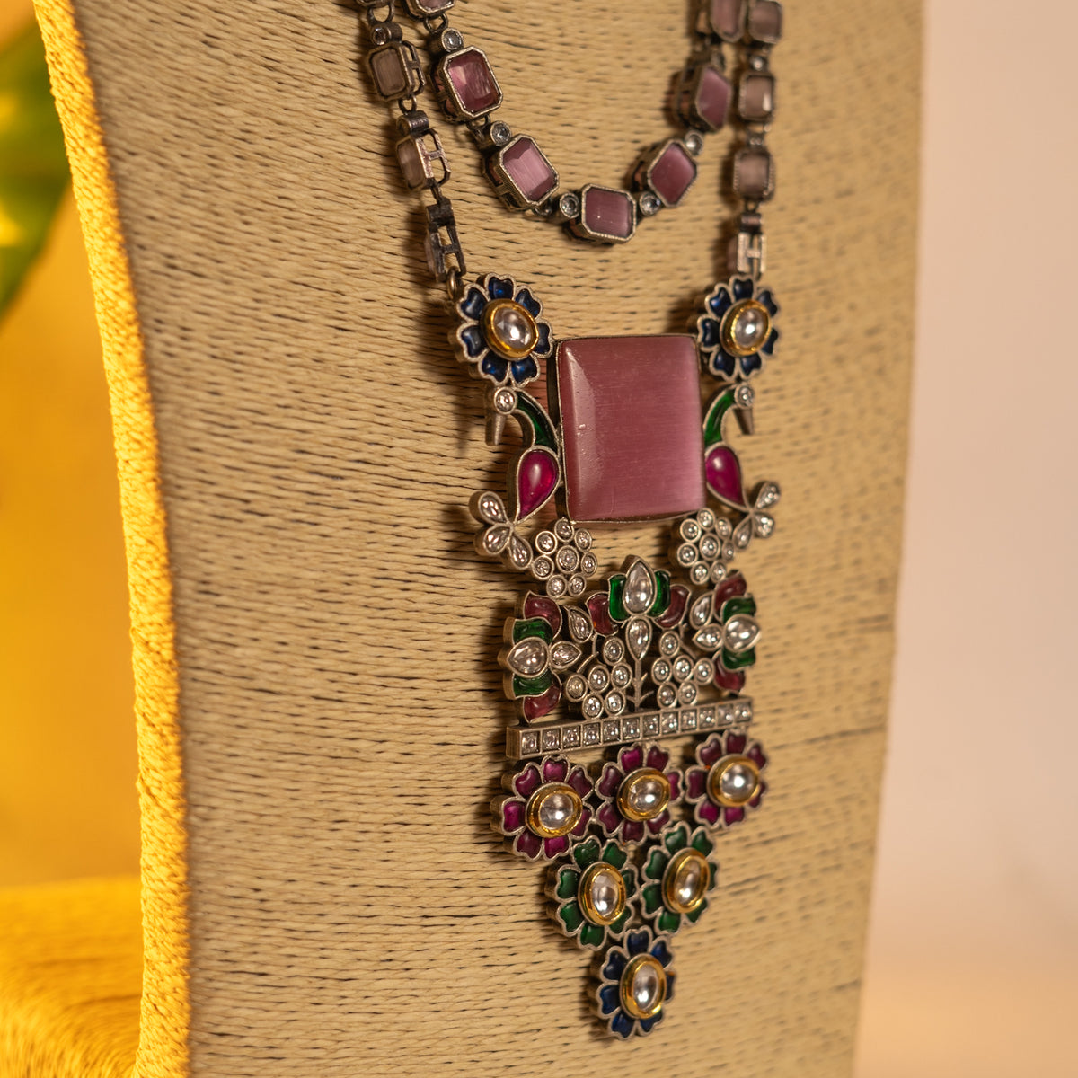 BLOOMY HANDMADE RAW AND RUSTIC FAUX SILVER ANTIQUE MALA WITH EARRINGS ML190