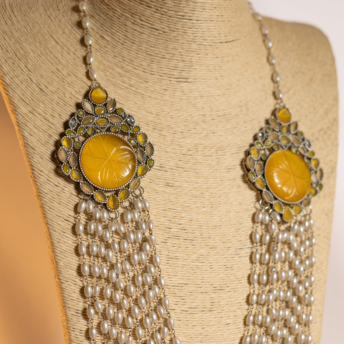 PRIYANKA LAYERED PEARL CARVING STONE HANDMADE STATEMENT MALA ML100