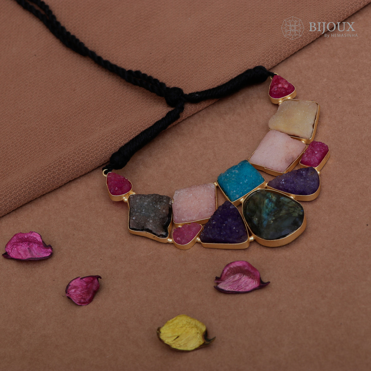 NIRAVYA RAW STONE HANDMADE GOLD TONED RUSTIC FINISH NECKLACE NL88