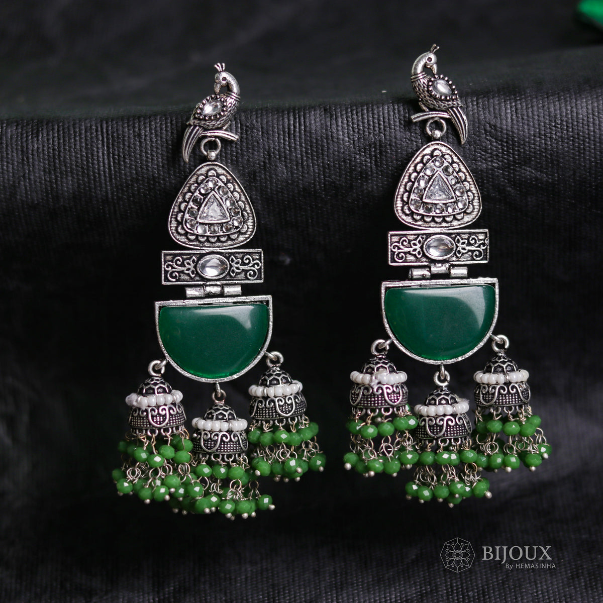 PEACOCK CASCADE MONALISA STONE  SEMI-HANDMADE JHUMKA ER48