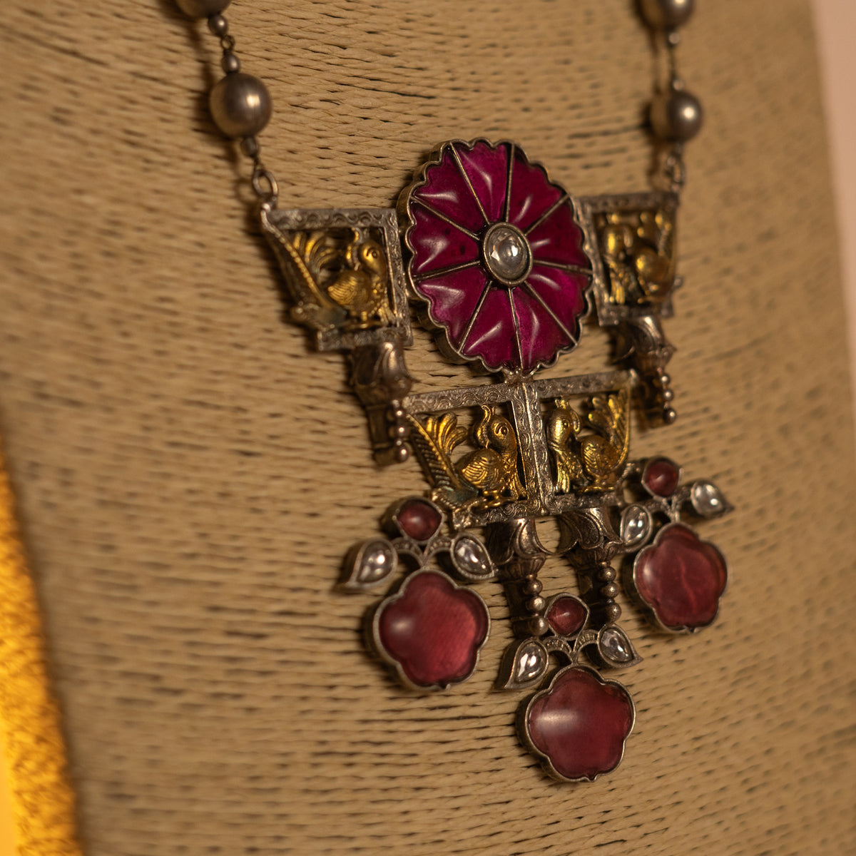 BLOSSOM HANDMADE RAW AND RUSTIC  BLOOM FAUX ANTIQUE DUAL TONE MALA WITH EARRINGS ML178