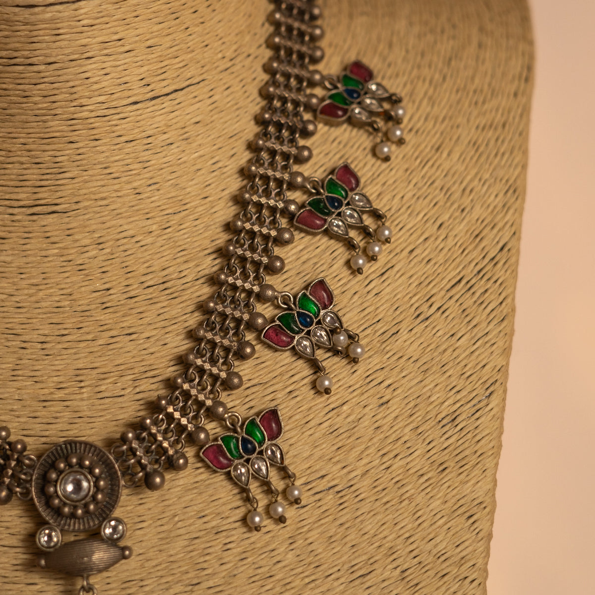 BLOOM HANDMADE RAW AND RUSTIC CLUSTER FAUX SILVER ANTIQUE MALA WITH EARRINGS ML185