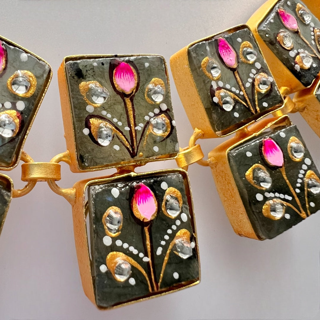 NIRAYA RAW STONE HAND PAINTED HANDMADE NECKPIECE WITH EARRINGS CH419