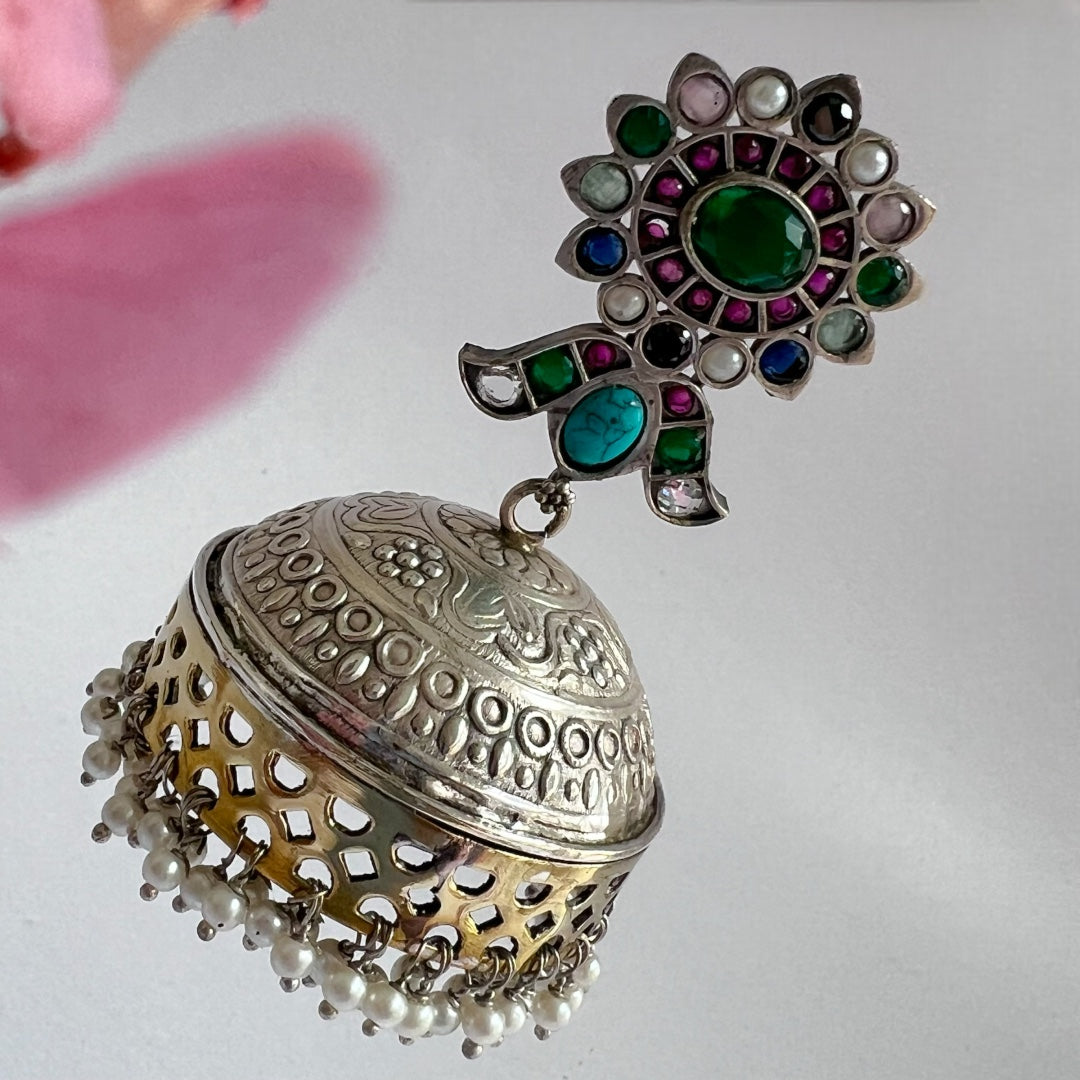 BLOOM SILVER LOOK ALIKE DUAL-TONED PREMIUM POLISH HANDMADE JHUMKA ER237