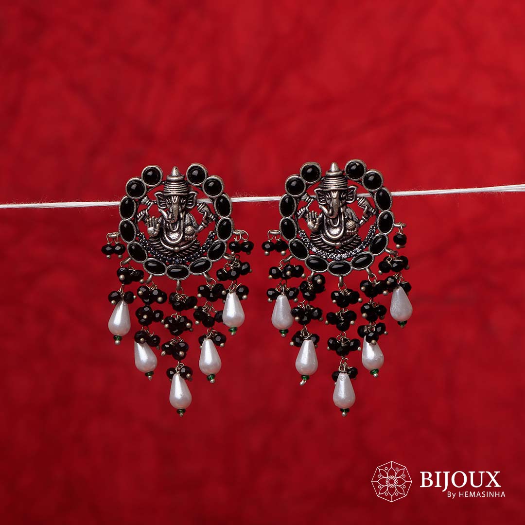 GANPATHI PAPPA OXIDIZED MONALISA STONE TEMPLE EARRING ER139