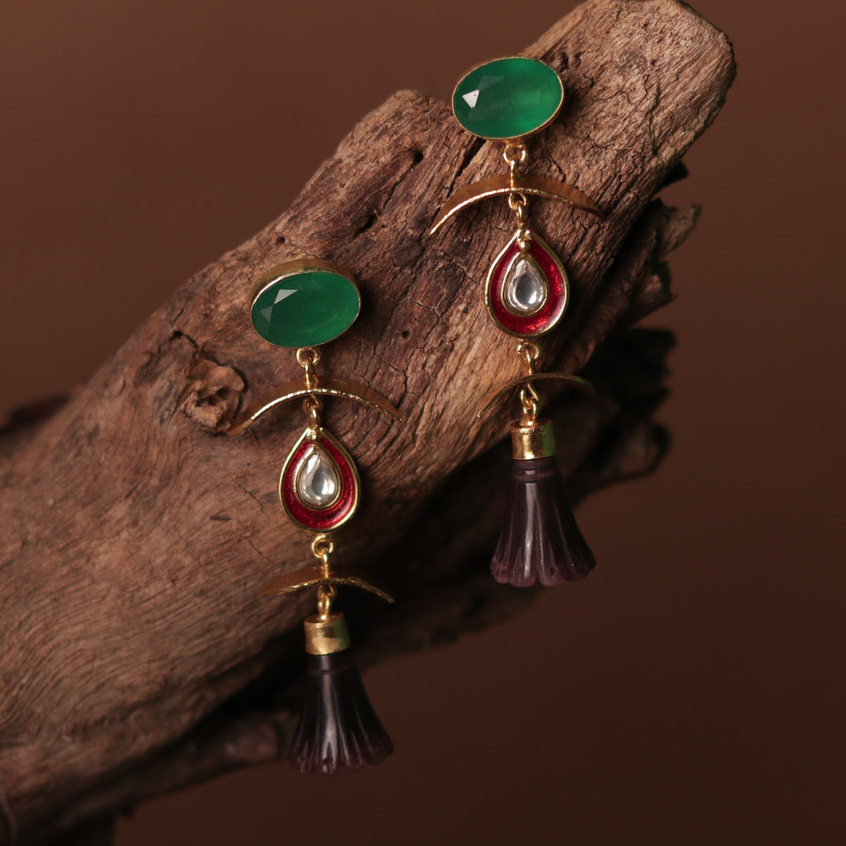 ENAMELLED CONICAL STONE DROPS WITH CRYSTAL HANDMADE AND HAND HAMMERED EARRINGS ER74