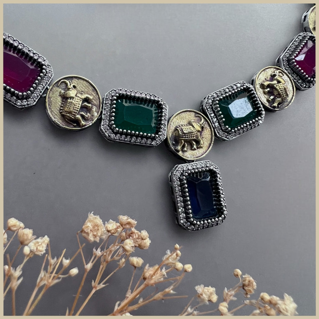 RENALKA FAUX SILVER BIJOUX PREMIUM AND EXCLUSIVE SEMI HANDMADE DUAL TONED NECKLACE WITH EARRINGS NL137