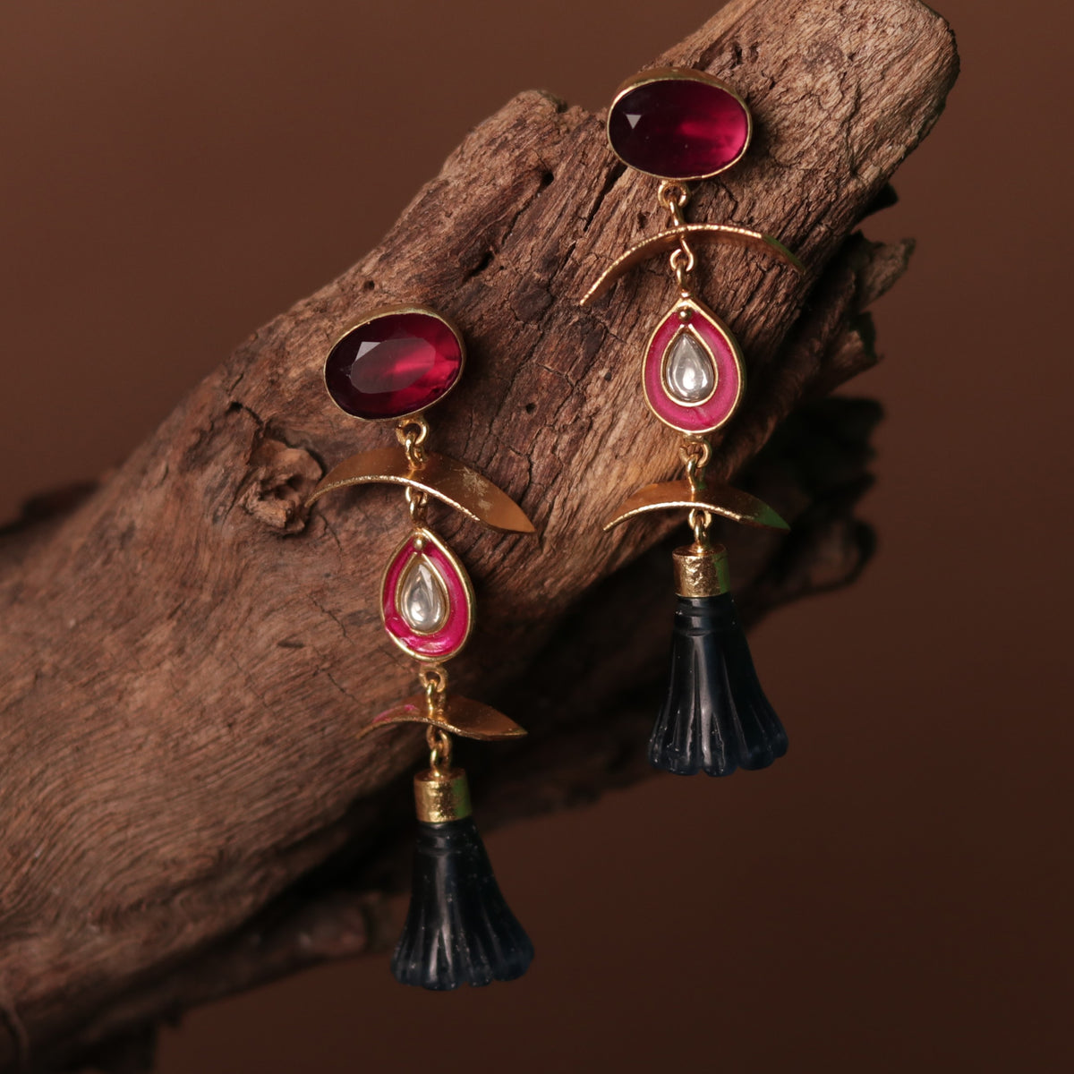 ENAMELLED CONICAL STONE DROPS WITH CRYSTAL HANDMADE AND HAND HAMMERED EARRINGS ER74
