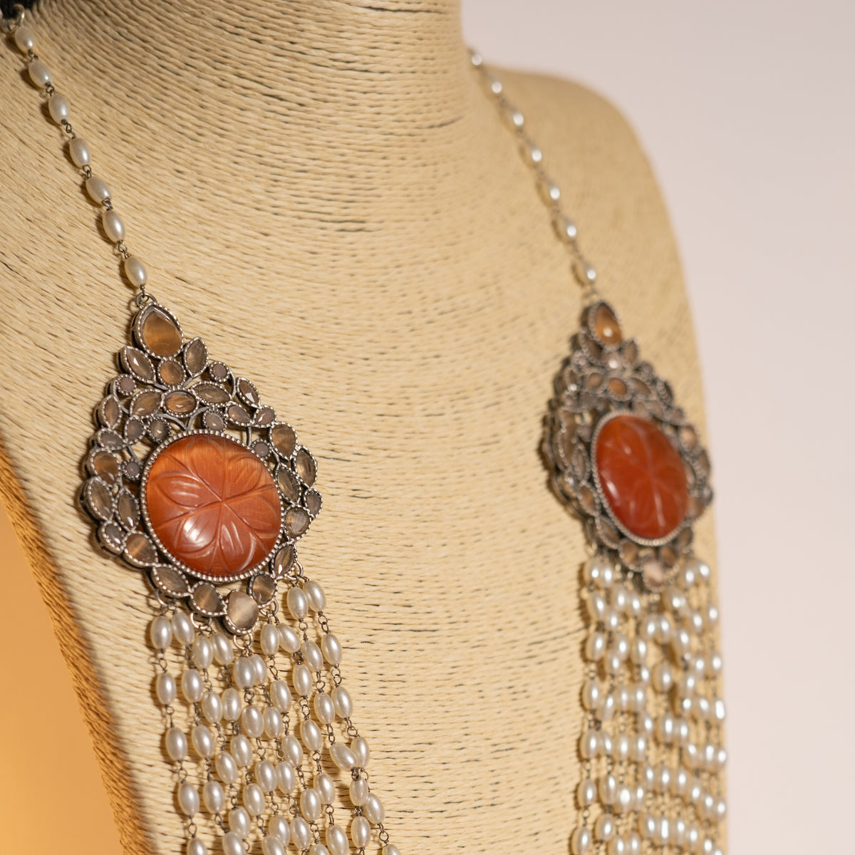 PRIYANKA LAYERED PEARL CARVING STONE HANDMADE STATEMENT MALA ML100