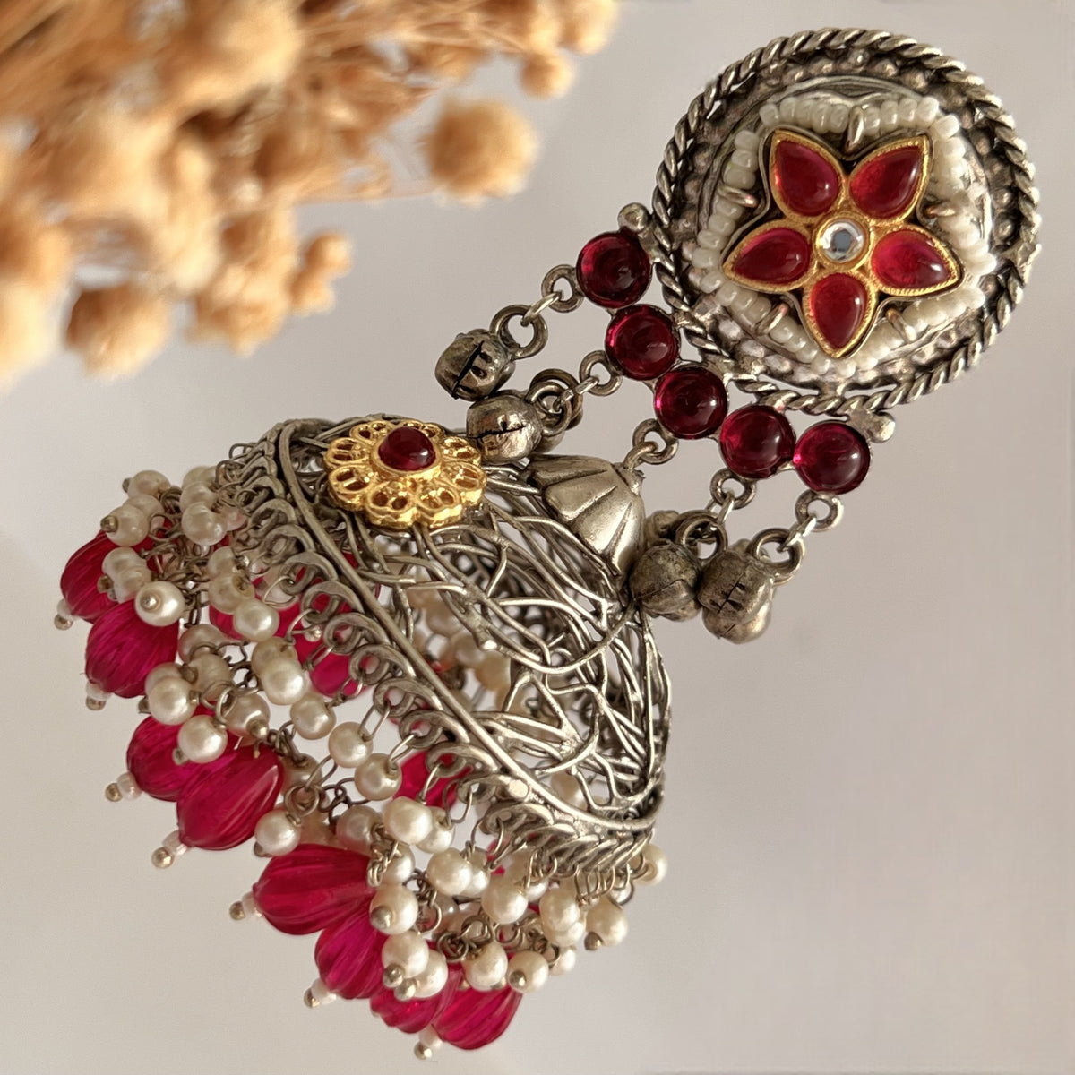 DAFINA SILVER LOOK ALIKE HAND HAMMERED AND HAND WIRED JHUMKA ER567