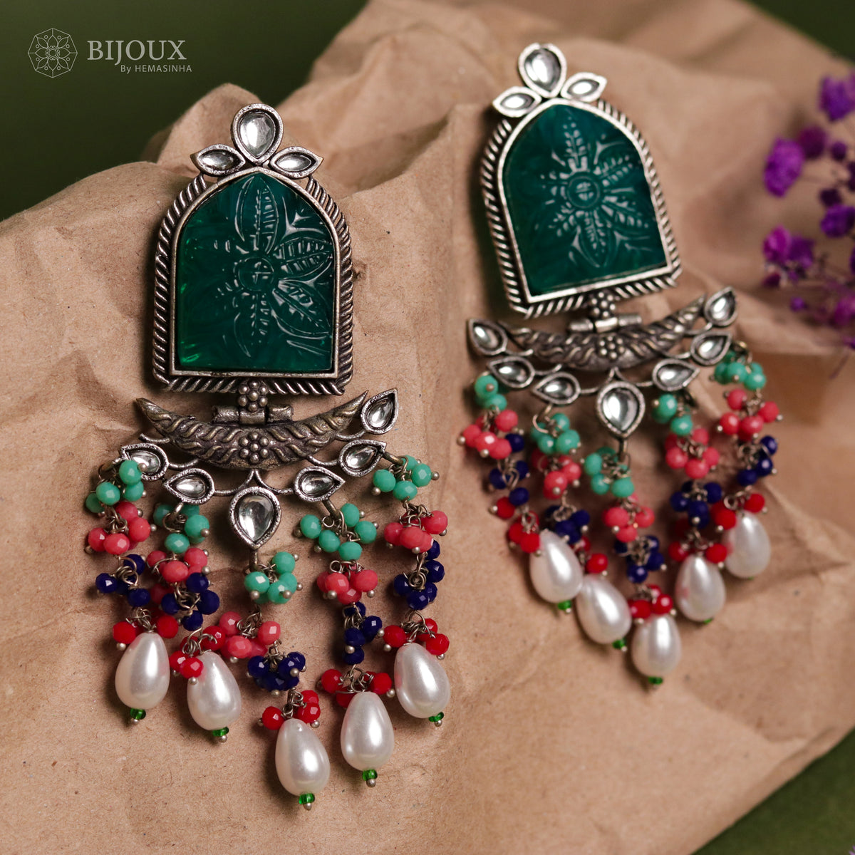 BEADED ENCHANTED CARVING SEMI-HANDMADE STONE EARRINGS ER30