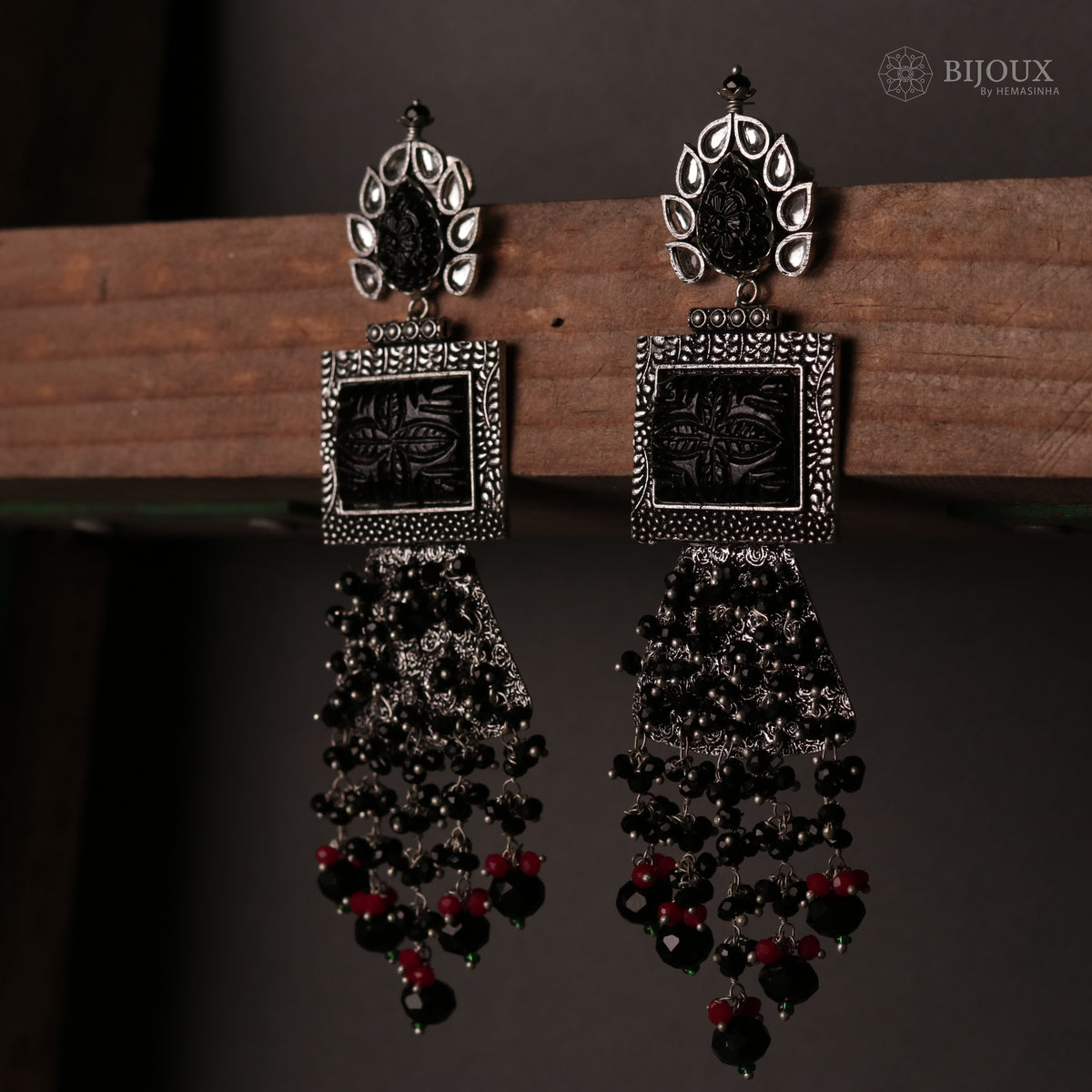 PLUME BEADED LONG FEATHER SEMI HANDMADE EARRINGS-ER115