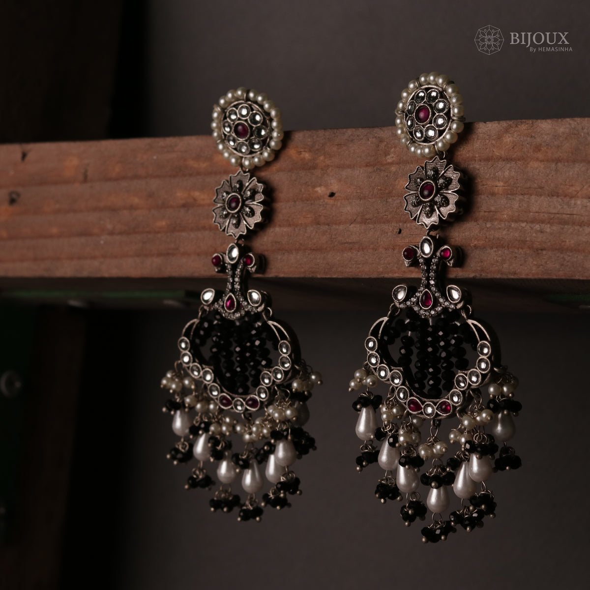 CELESTIA LONG CRYSTAL OXIDIZED PEACOCK SEMI HANDMADE EARRING ER116