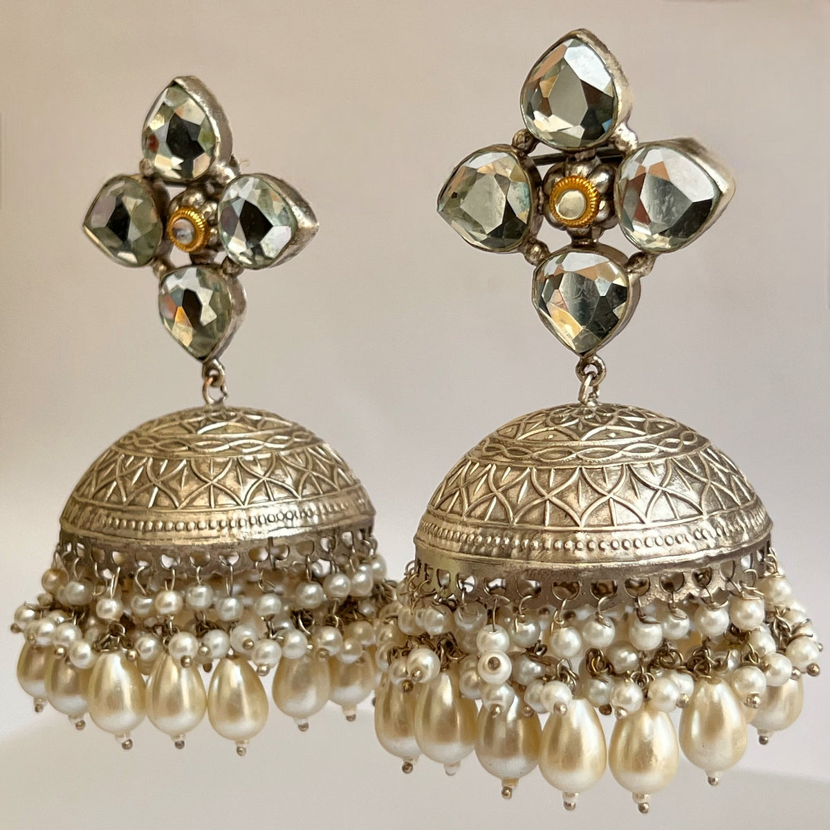 MAKARA SILVER LOOK ALIKE DUAL-TONED SILVER POLISH HANDMADE JHUMKA ER575