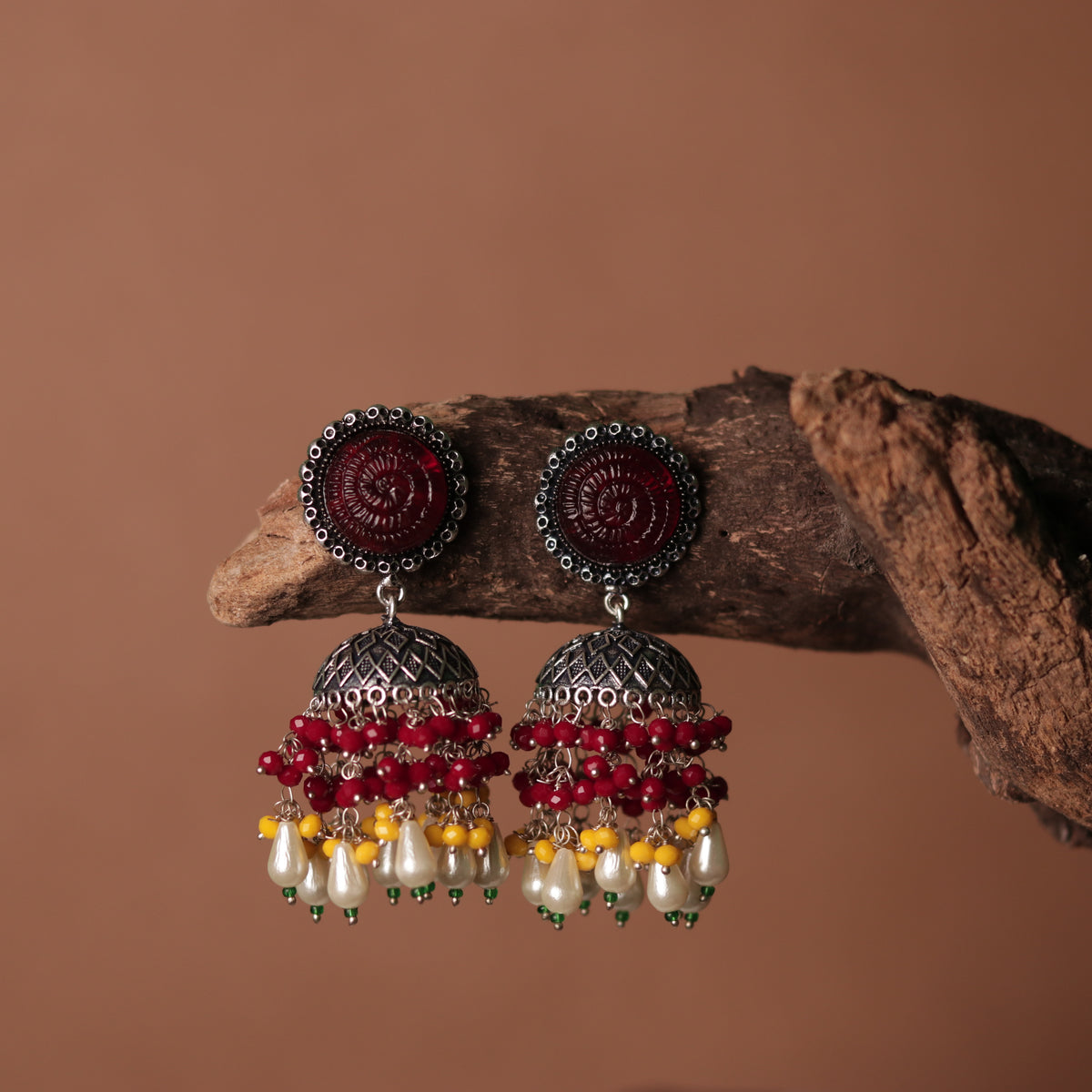 SPIRAL CARVING STONE SEMI HANDMADE BEADED JHUMKAS-ER113