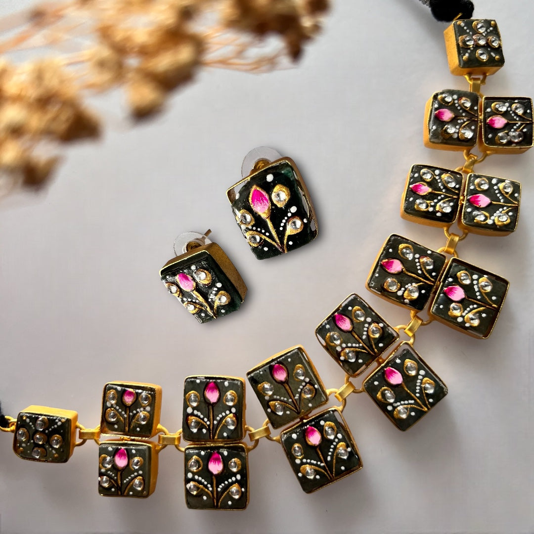 NIRAYA RAW STONE HAND PAINTED HANDMADE NECKPIECE WITH EARRINGS CH419