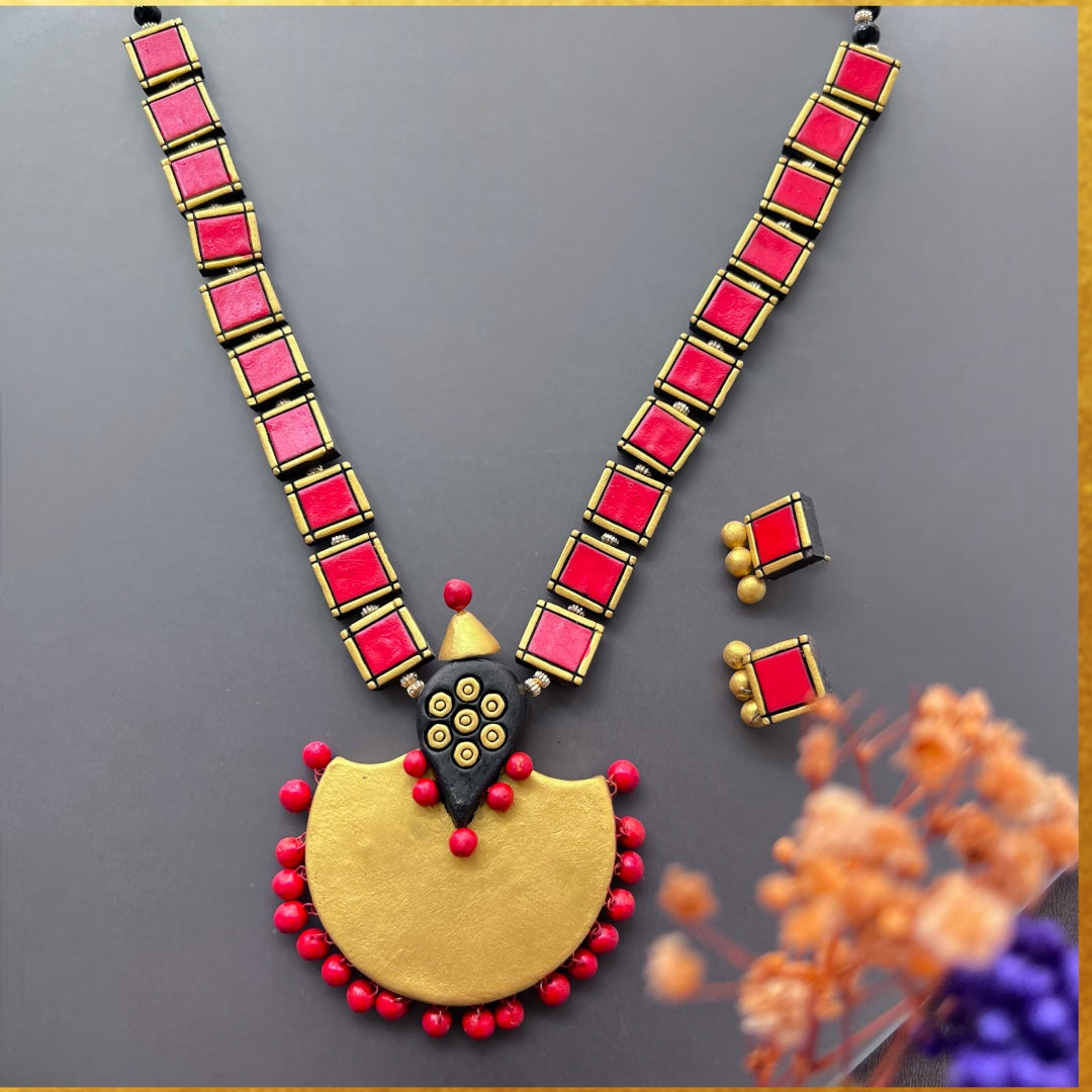 SQUARE TILE TERRACOTTA NECKLACE WITH EARRING TR31