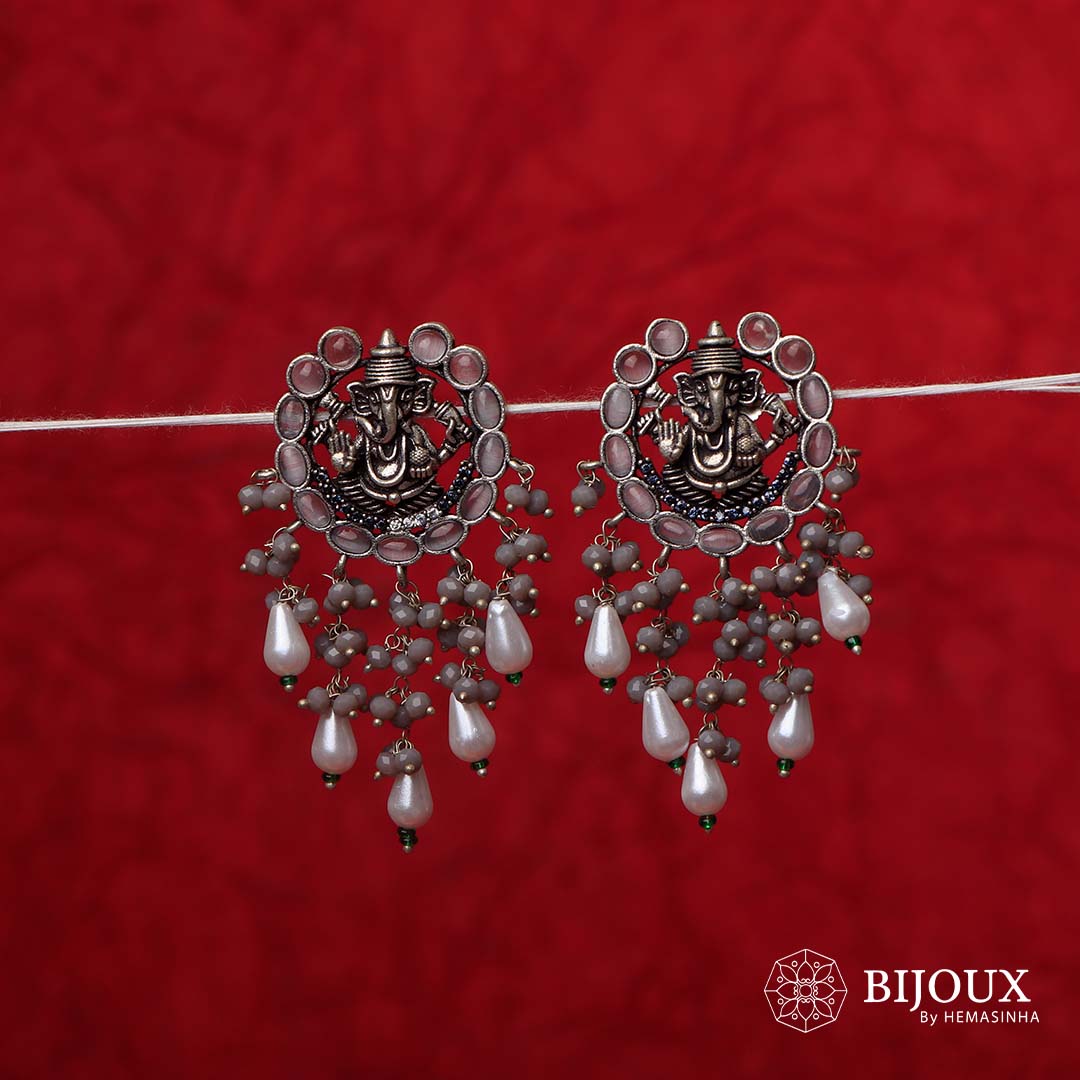 GANPATHI PAPPA OXIDIZED MONALISA STONE TEMPLE EARRING ER139