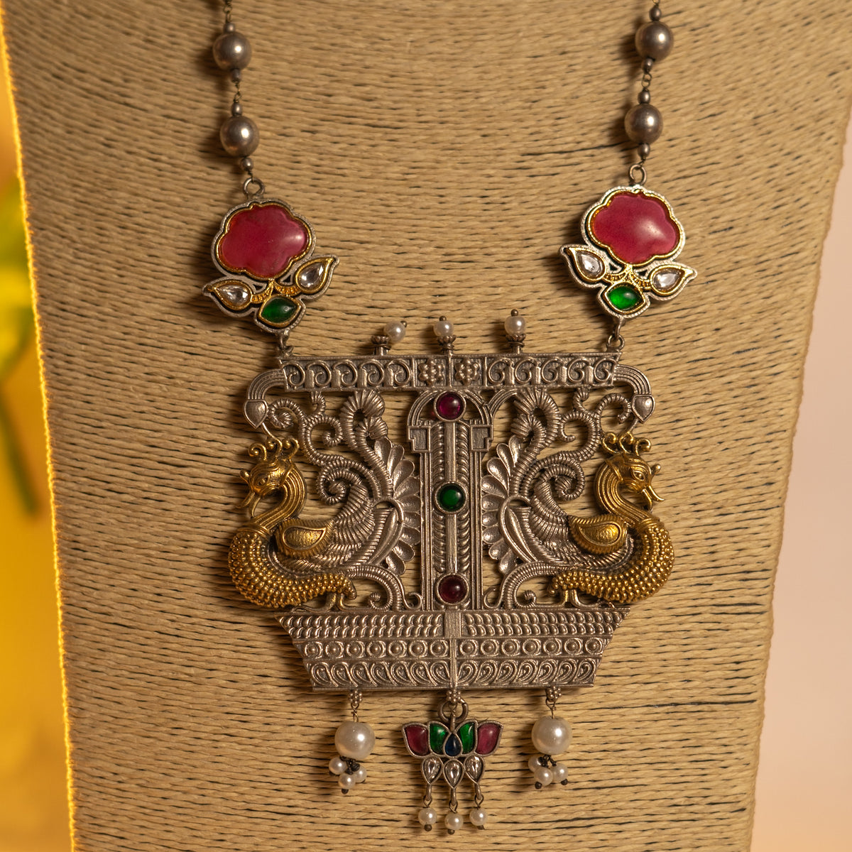 LILY HANDMADE RAW AND RUSTIC FAUX ANTIQUE DUAL TONE MALA WITH EARRINGS ML191