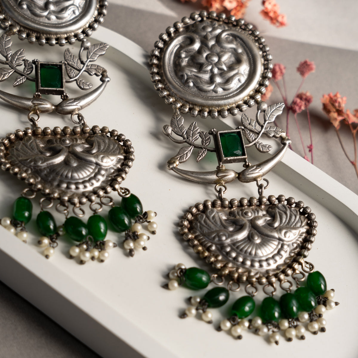 DEVANSHI FAUX SILVER ANTIQUE SEMI HANDMADE EARRINGS ER755