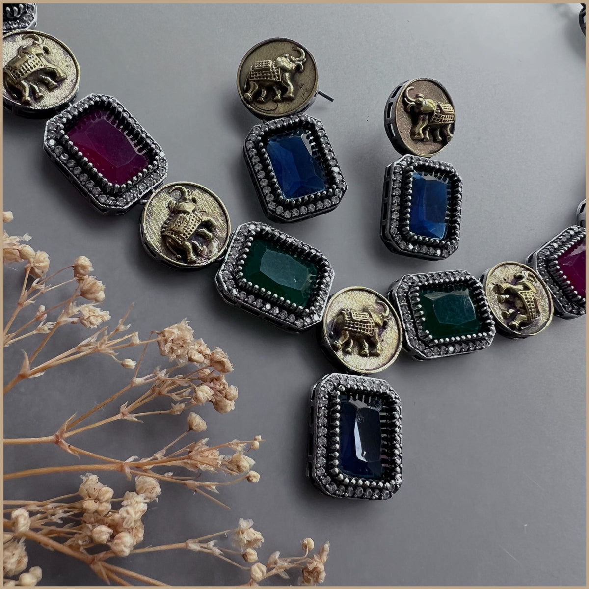 RENALKA FAUX SILVER BIJOUX PREMIUM AND EXCLUSIVE SEMI HANDMADE DUAL TONED NECKLACE WITH EARRINGS NL137