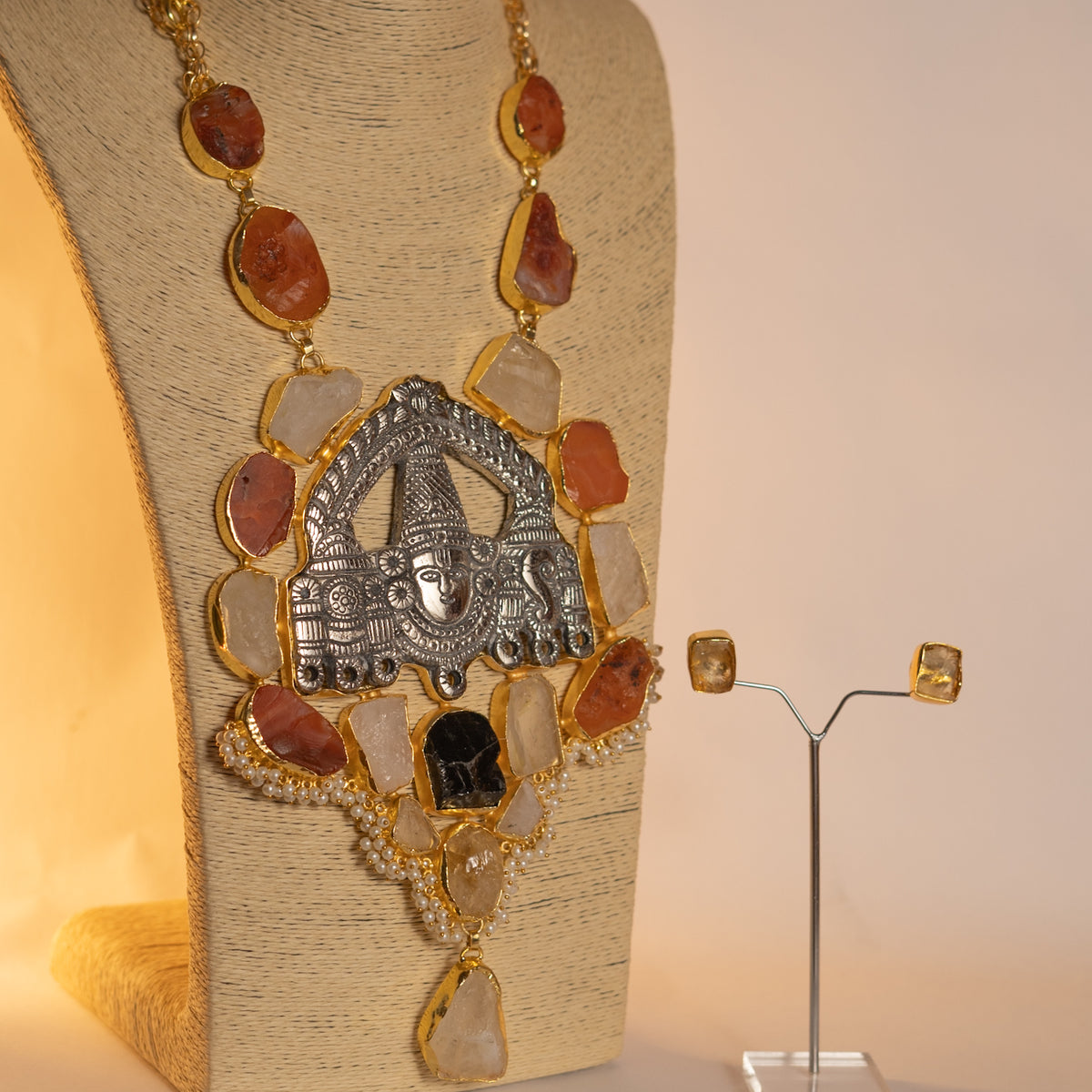 VENKAT BIJOUX, HANDCRAFTED TURQUOISE, MOP SHELL, AND RAW SATONE MALA WITH EARRINGS ML168