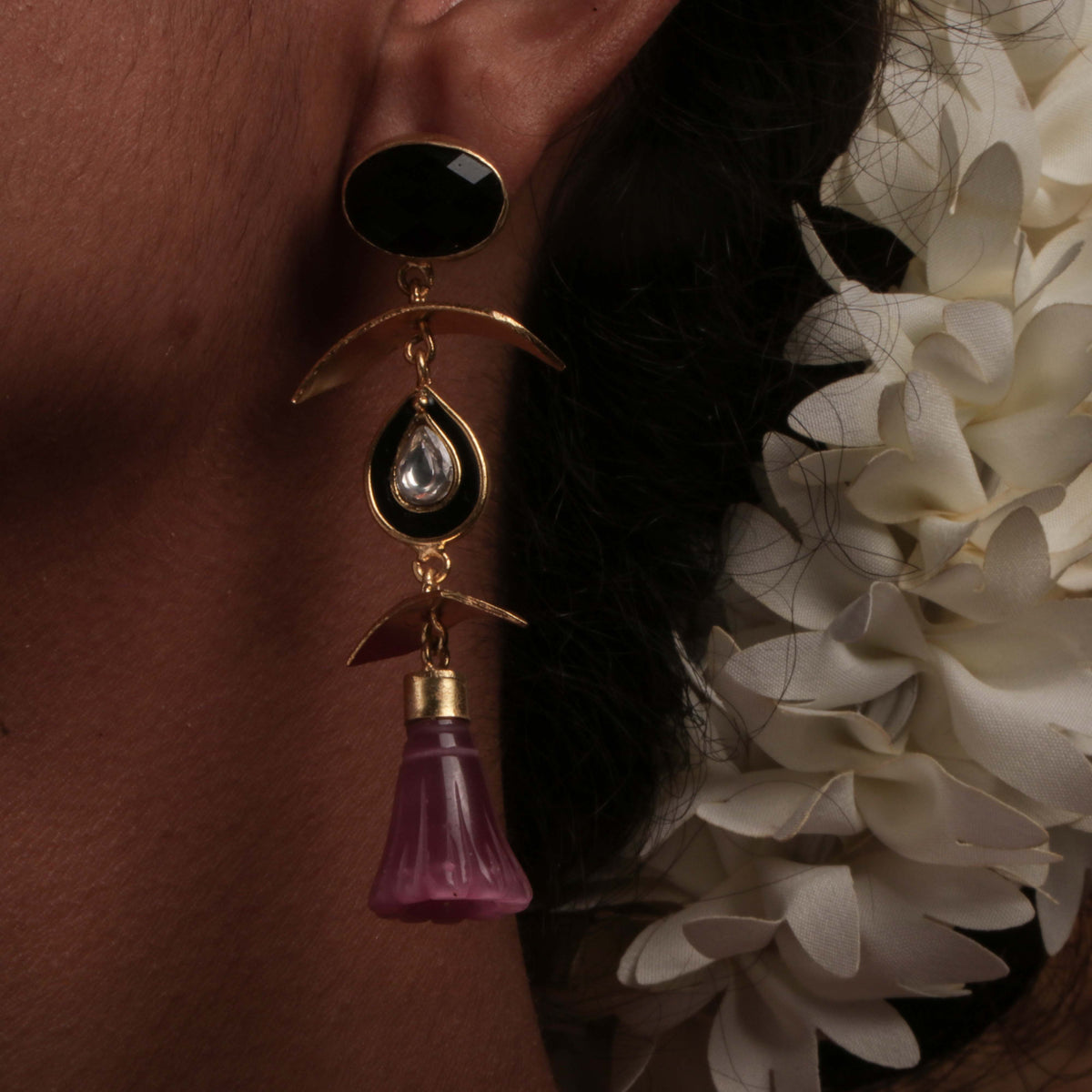 ENAMELLED CONICAL STONE DROPS WITH CRYSTAL HANDMADE AND HAND HAMMERED EARRINGS ER74