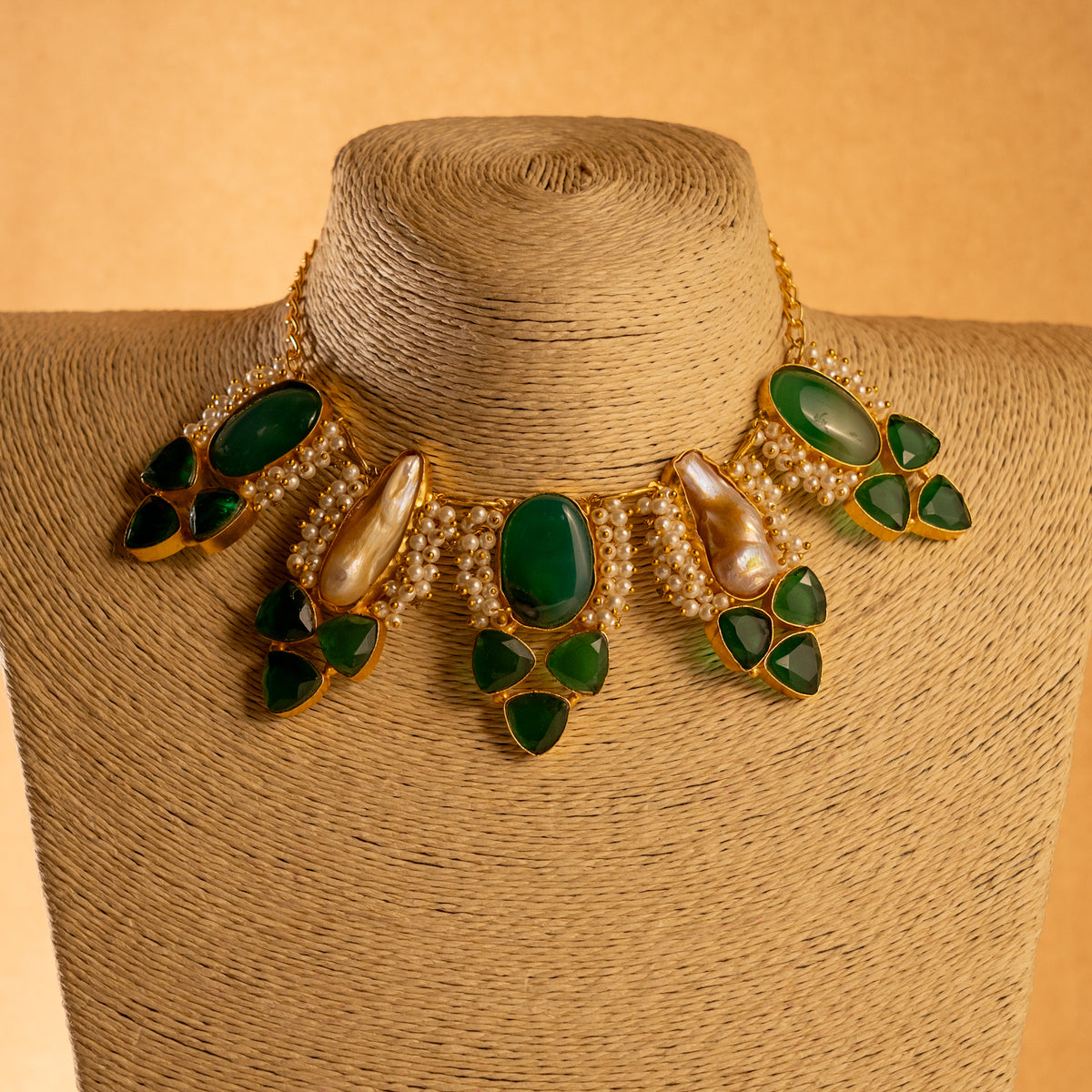 VIHARA MOP AND RAW STONE HANDMADE GOLD TONED RAW AND RUSTIC FINISH NECKLACE NL34