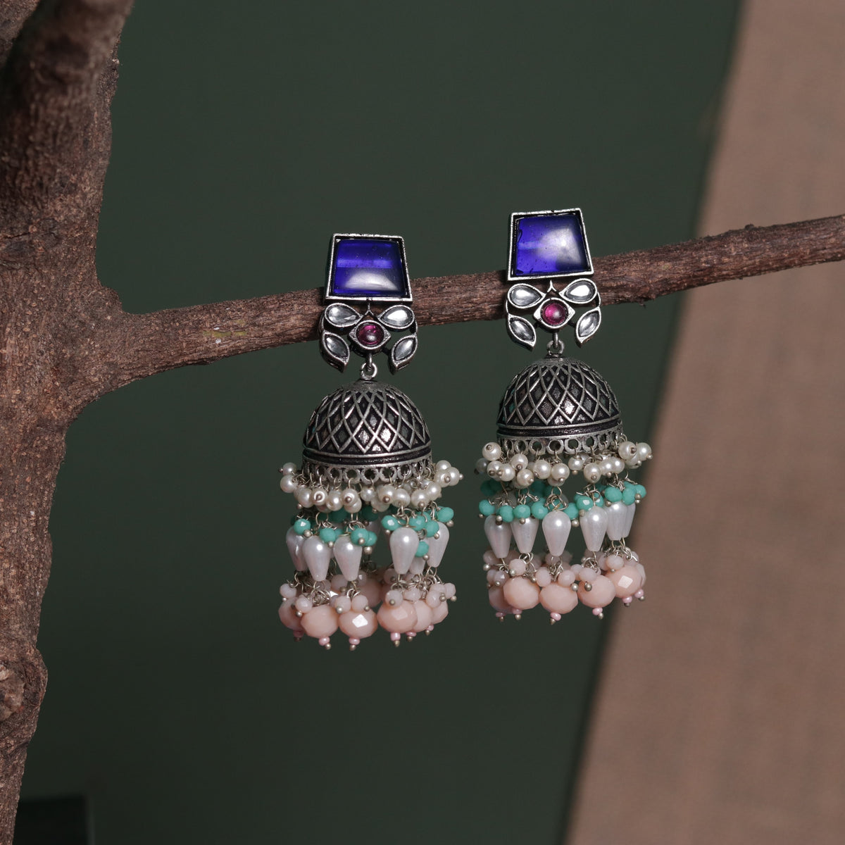 CUBIC CHARISMA SQUARE MONALISA STONE  SEMI-HANDMADE JHUMKA ER50