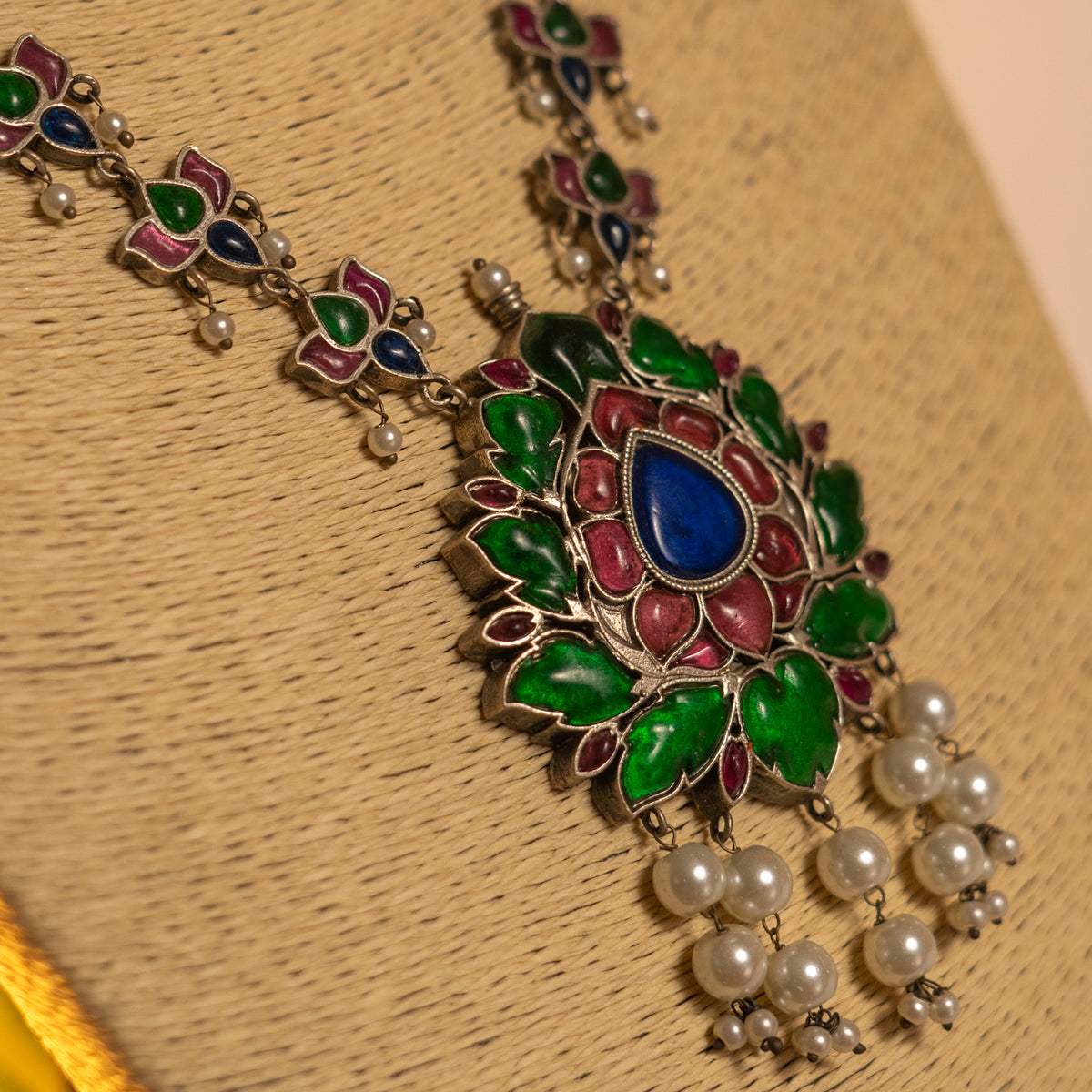 CARNATION HANDMADE RAW AND RUSTIC FAUX SILVER ANTIQUE MALA WITH EARRINGS ML192