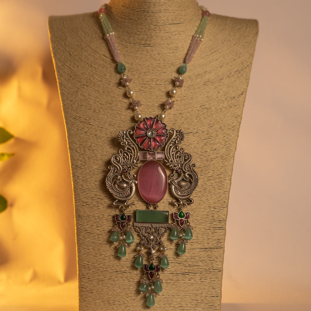 PETAL GRACE HANDMADE RAW AND RUSTIC SILVER LOOK ALIKE ANTIQUE DUAL TONE HANDMADE MALA WITH EARRINGS ML179