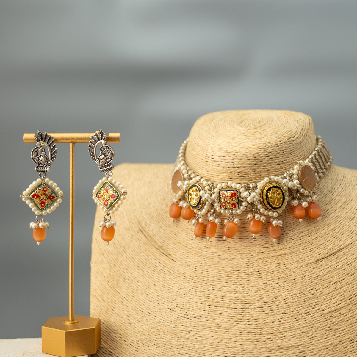 FANG BIJOUX PREMIUM AND EXCLUSIVE FAUX SILVER SEMI HANDMADE CHOKER WITH EARRINGS CH409