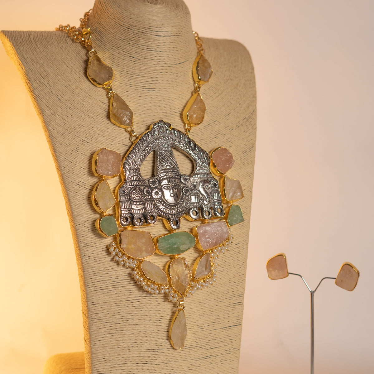 VENKAT BIJOUX, HANDCRAFTED TURQUOISE, MOP SHELL, AND RAW SATONE MALA WITH EARRINGS ML168